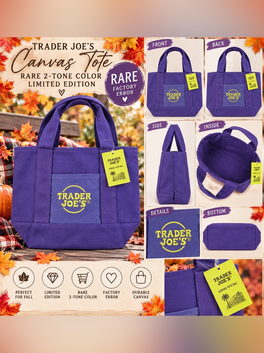 💜 RARE 2-TONE TRADER JOE’S CANVAS TOTE — FACTORY ERROR / HARD TO FIND